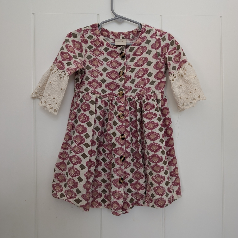 Kids Printed Dress with Lace Sleeves - Pink & Cream